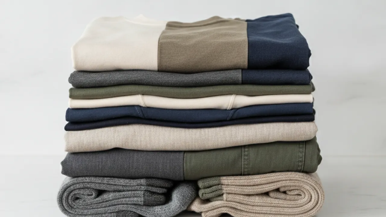 Neatly folded travel clothing stacked on a white surface