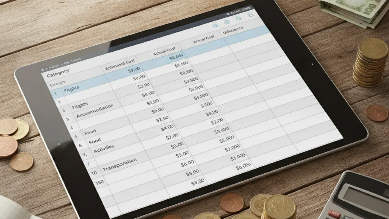Travel budget spreadsheet on a tablet with coins, banknotes, and a calculator