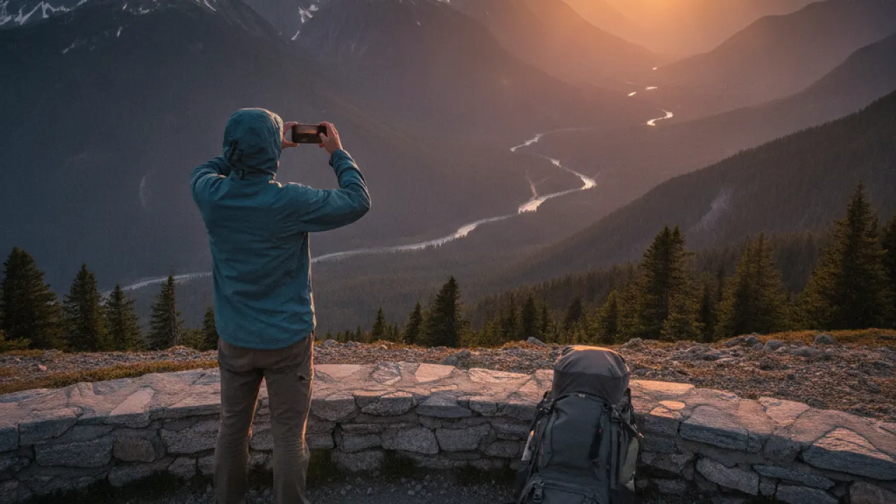 Solo traveller with backpack at a scenic mountain viewpoint