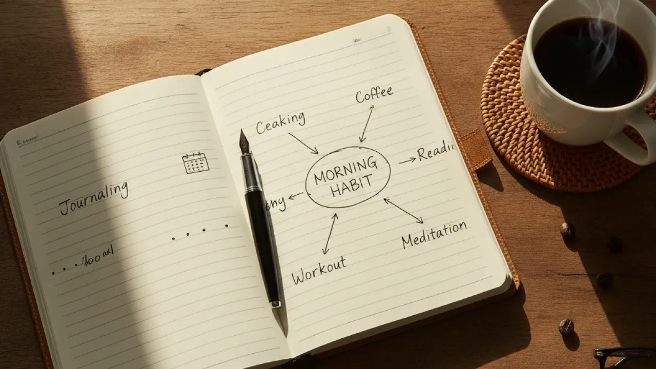 Open journal with pen and coffee, morning routine ideas for planning