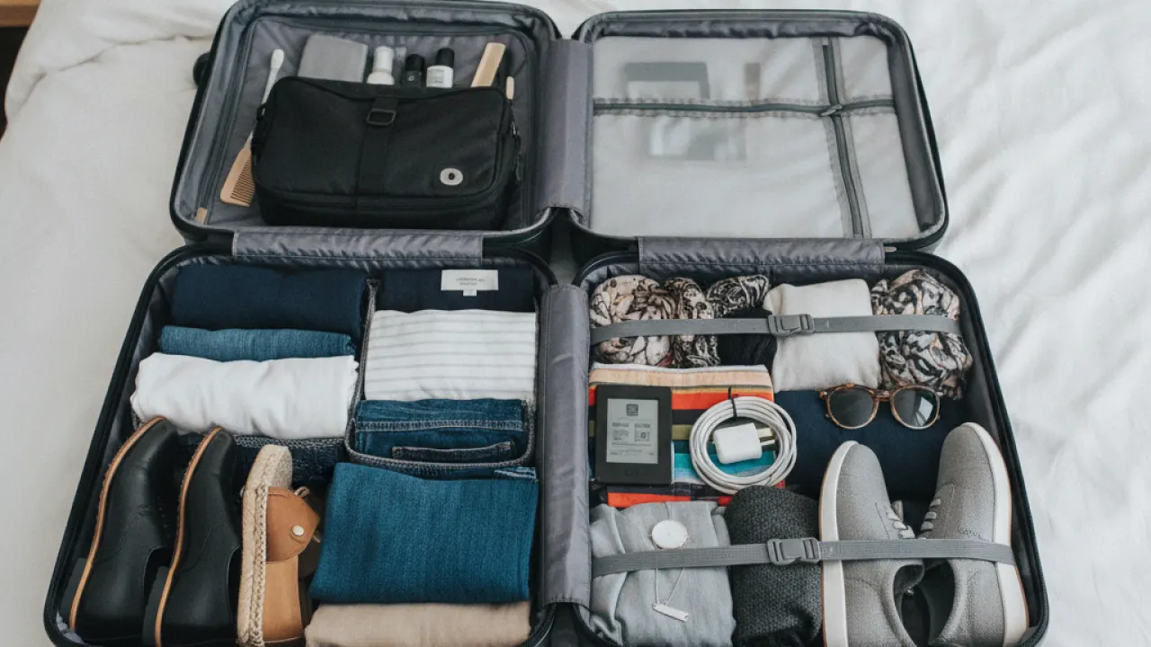 Neatly packed open suitcase with folded clothes, toiletries, and shoes viewed from above