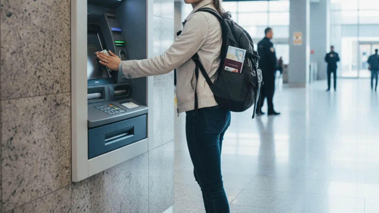 Person using ATM safely in a well-lit area while traveling