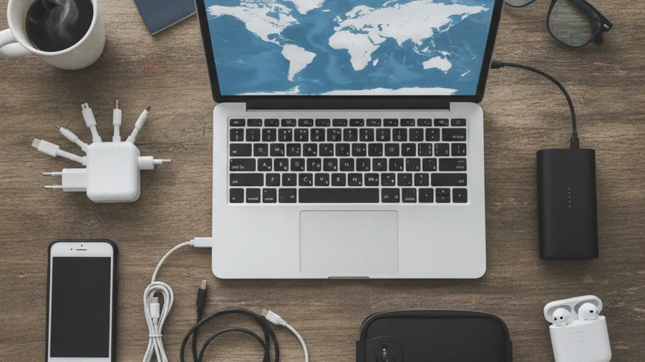 Travel tech gadgets including phone, laptop, adapter, and earbuds organized on a desk