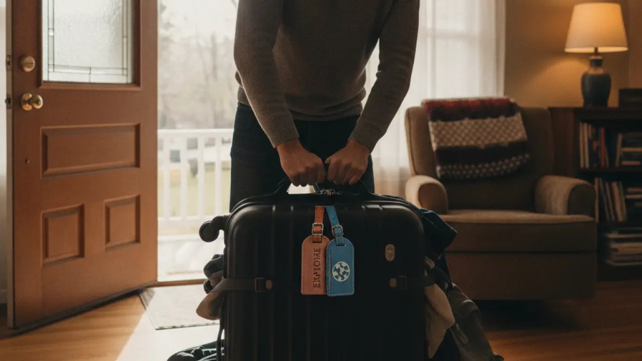 Person zipping up a packed suitcase near a door ready to travel