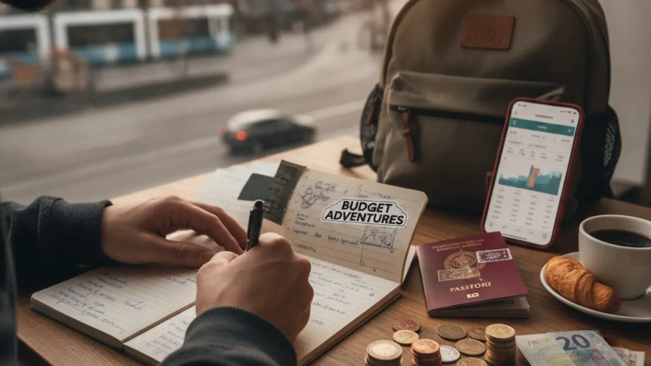 Traveler writing in a budget travel journal with coins and a passport on the table