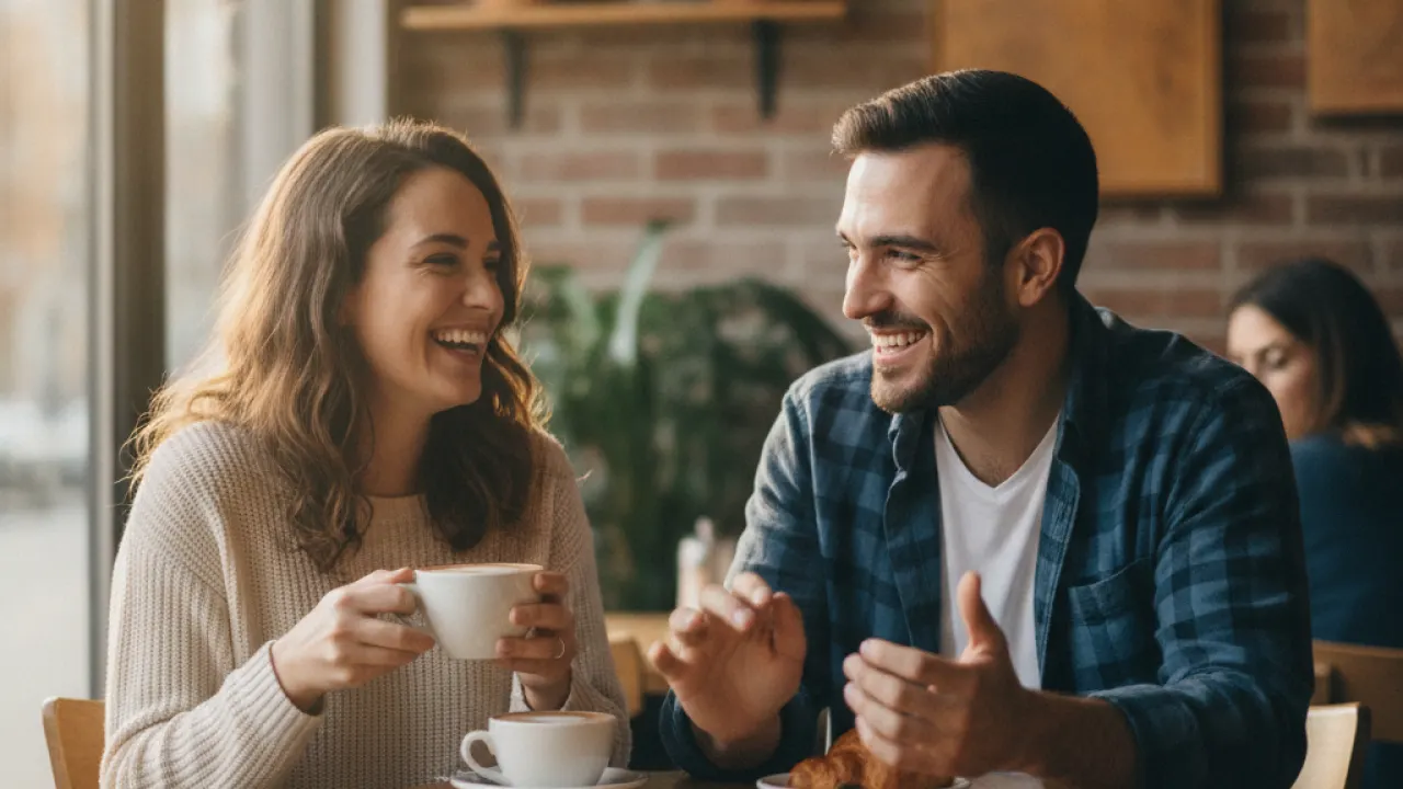 Two adults meeting and smiling at a coffee shop