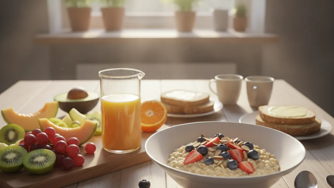Healthy morning breakfast with fruits and oats, part of morning routine ideas