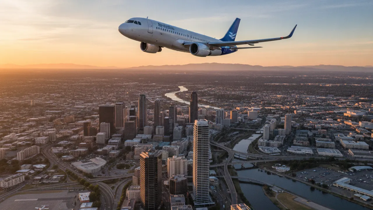 Airplane flying over a city at sunrise representing budget travel