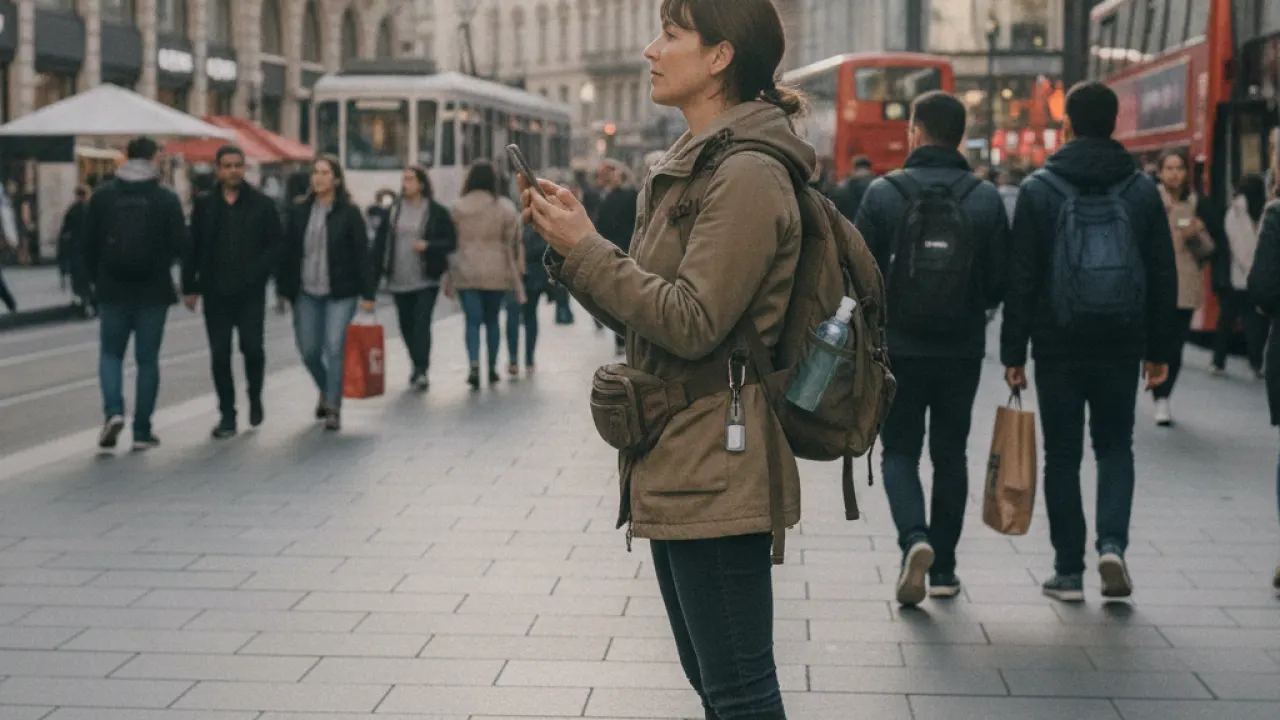 Solo traveller checking phone map on a busy city street