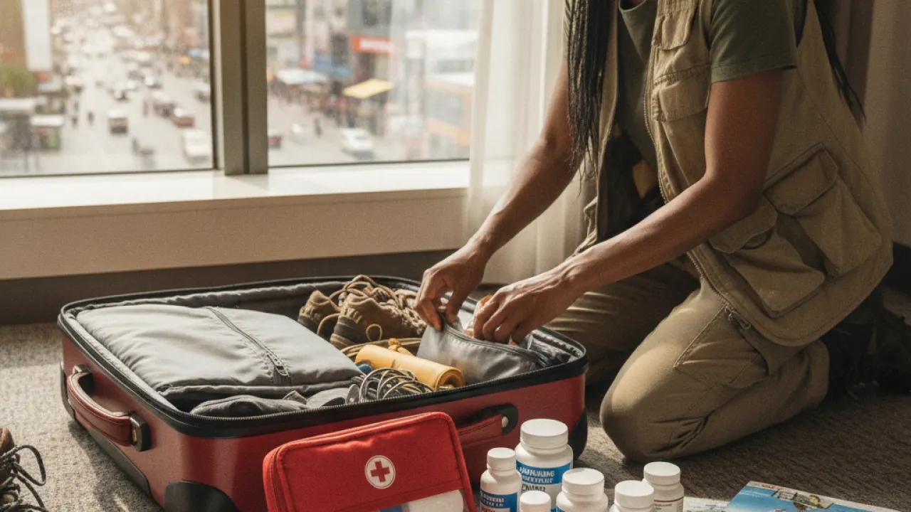 Traveler packing first aid kit and medications into luggage