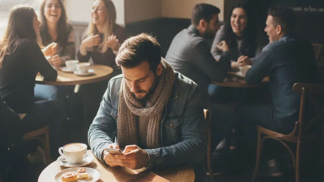 Adult sitting alone at a coffee shop while others laugh in groups around them