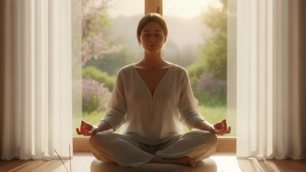 Person meditating by a window as part of morning routine ideas
