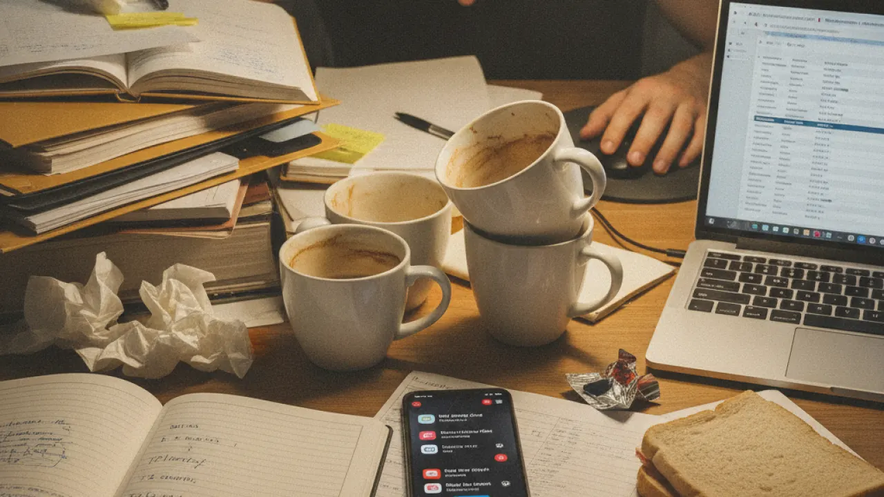 Cluttered desk showing a busy overwhelmed worker