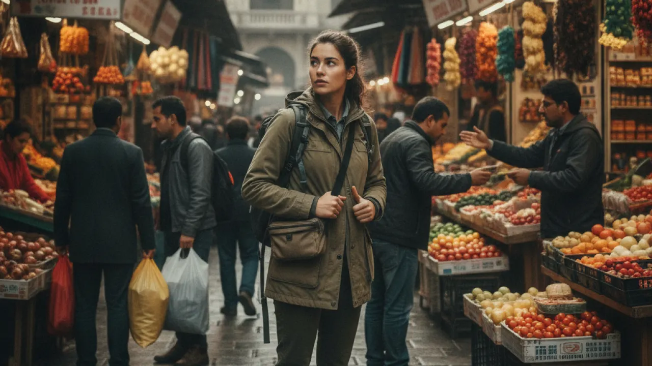 Tourist staying alert and aware in a busy city street marketplace