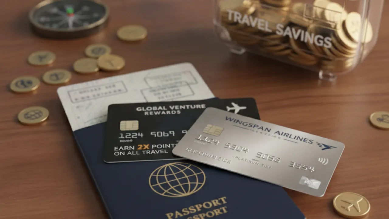 Travel rewards credit card and airline loyalty card on a passport
