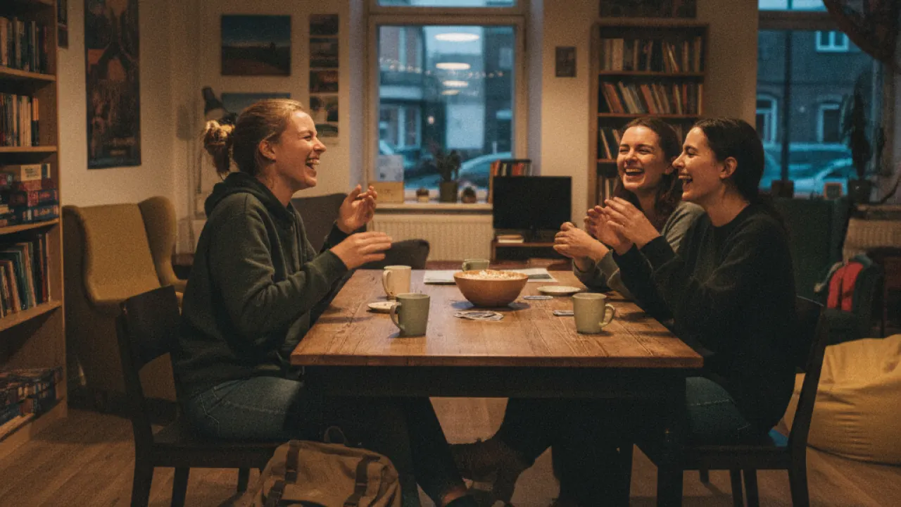 Solo traveller laughing with new friends at a hostel common room