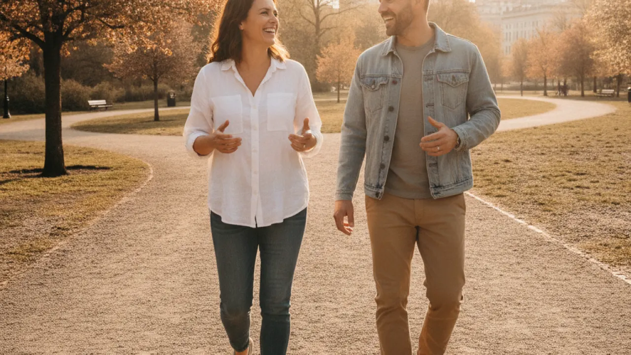 Two adults walking and chatting together in a park during golden hour