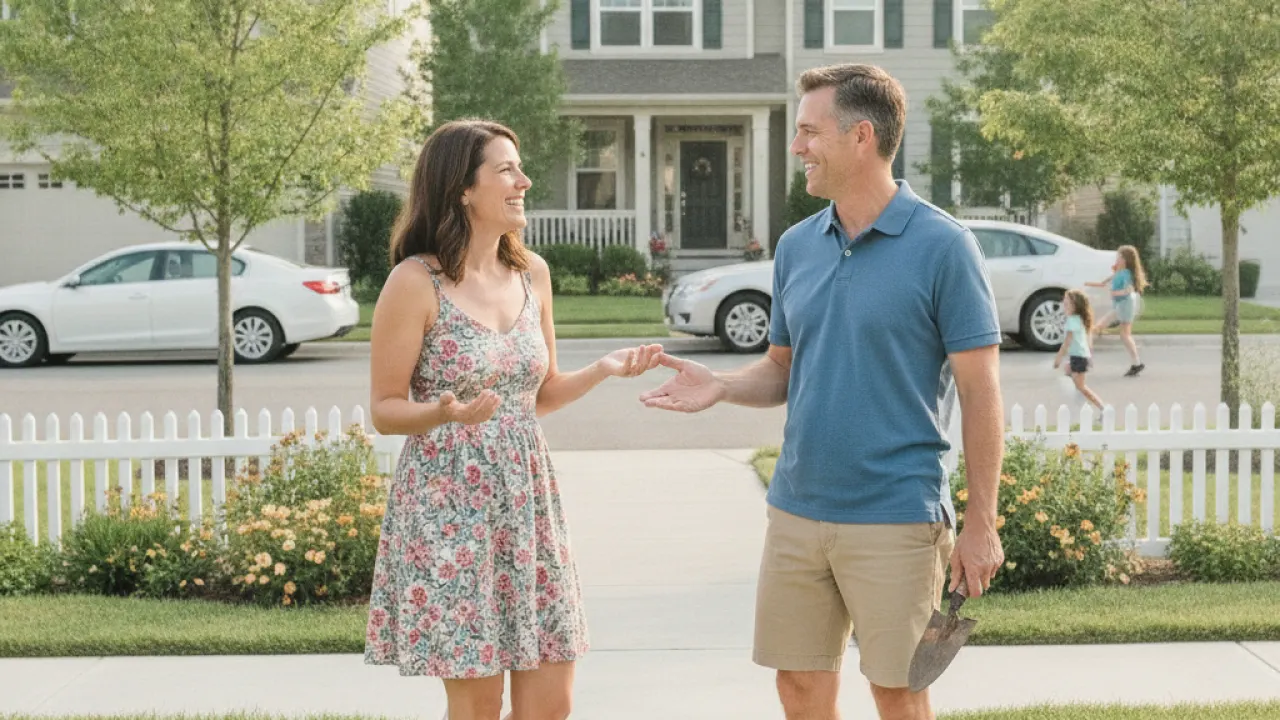 Person talking to a neighbor outside on a sunny day