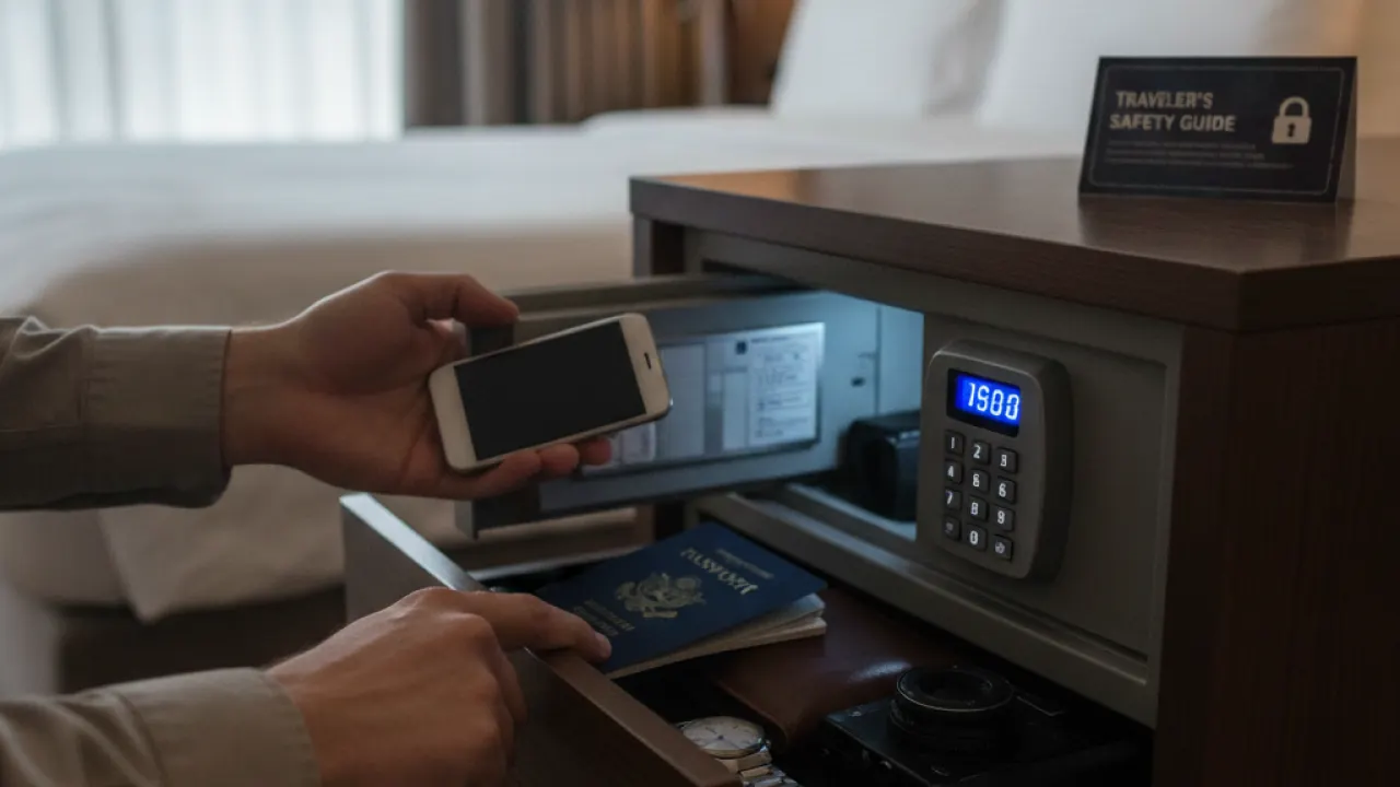 Traveler using hotel room safe to store passport and valuables
