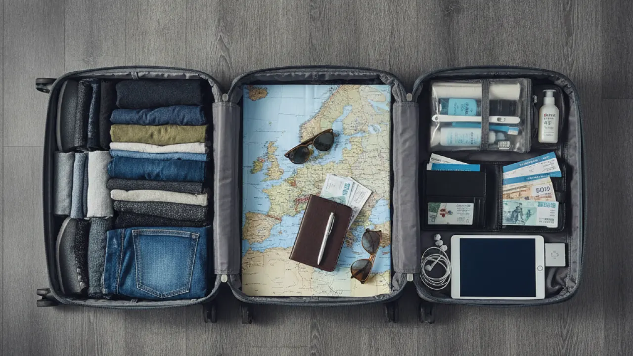 Neatly organised clothes and travel essentials in an open suitcase