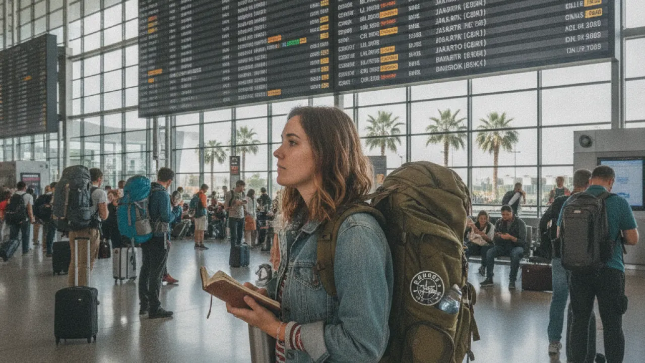 Airport terminal with departure board and traveler with backpack looking at flight options