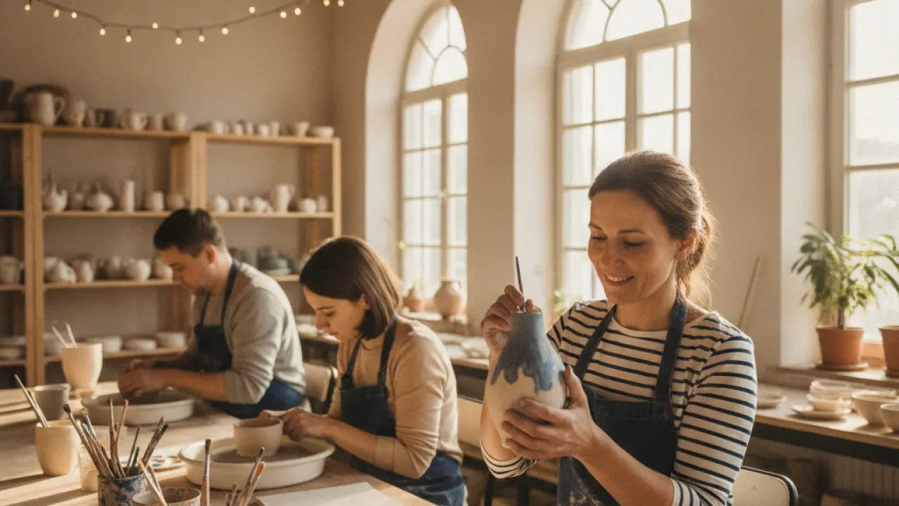Adults at a hobby class working on pottery together, relaxed and engaged