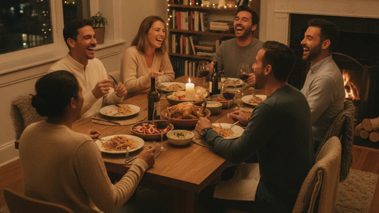 Group of adult friends laughing over dinner at home