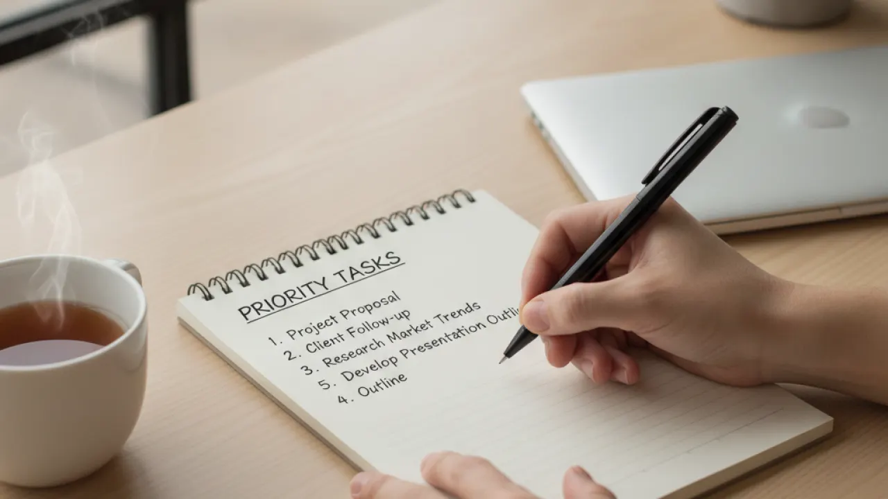 Person writing a priority task list in a notebook
