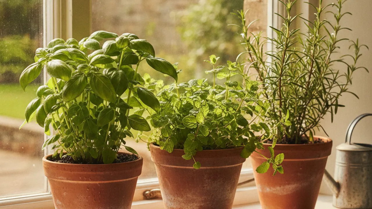Fresh herbs growing on a sunny kitchen windowsill
