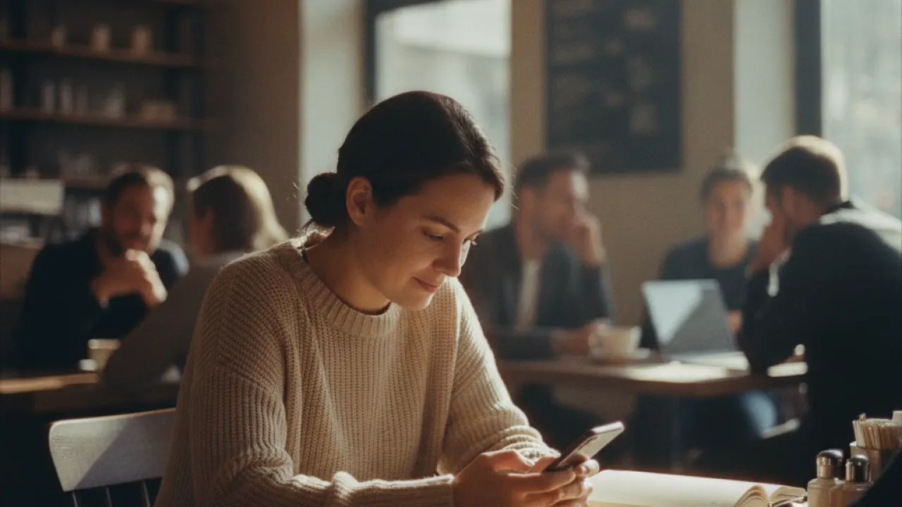 Person sitting alone at a coffee shop while others socialize around them
