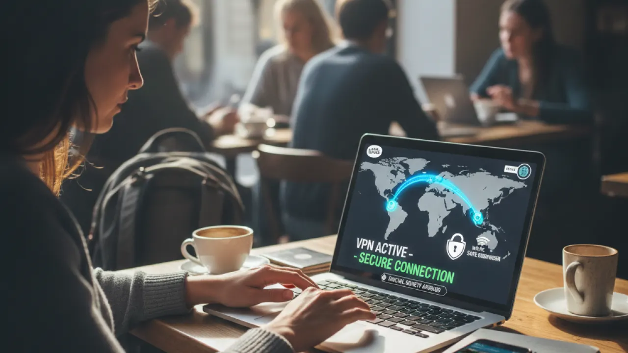 Person using VPN on laptop at coffee shop while traveling abroad