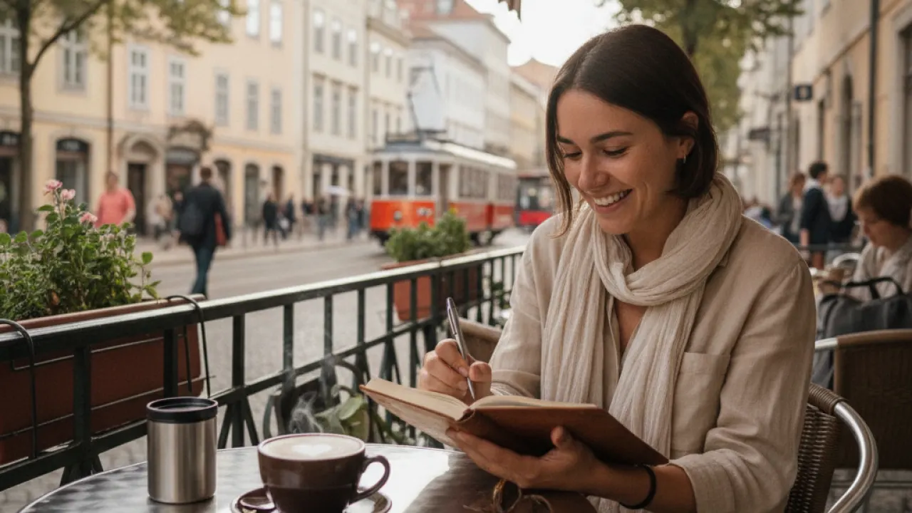 Solo traveller writing in journal at outdoor cafe with coffee