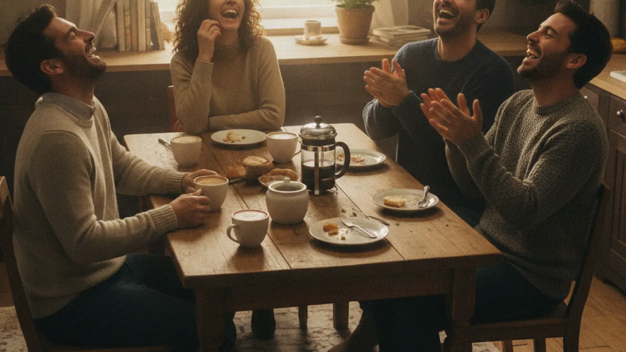 Small group of adults laughing together over coffee at a kitchen table