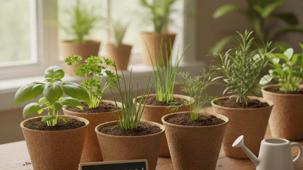 Herb seedlings in small pots ready for indoor growing