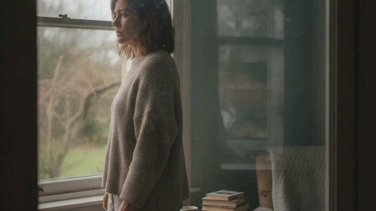 Adult looking out a window with a thoughtful expression, feeling isolated
