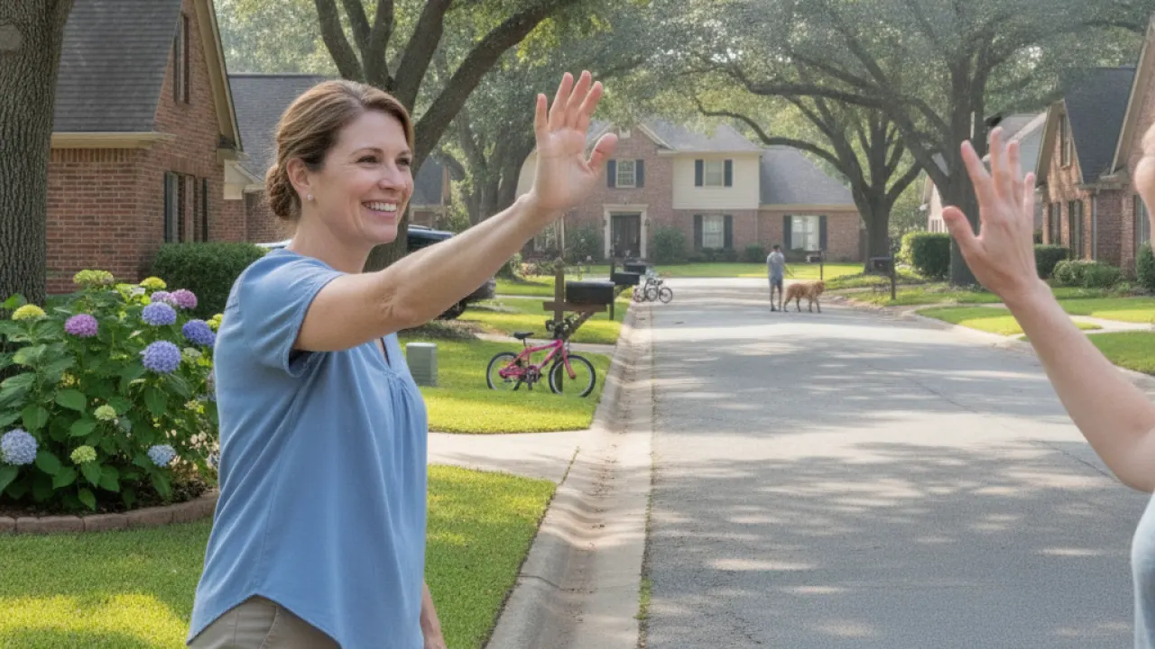 Adult waving hello to a neighbor on a suburban street