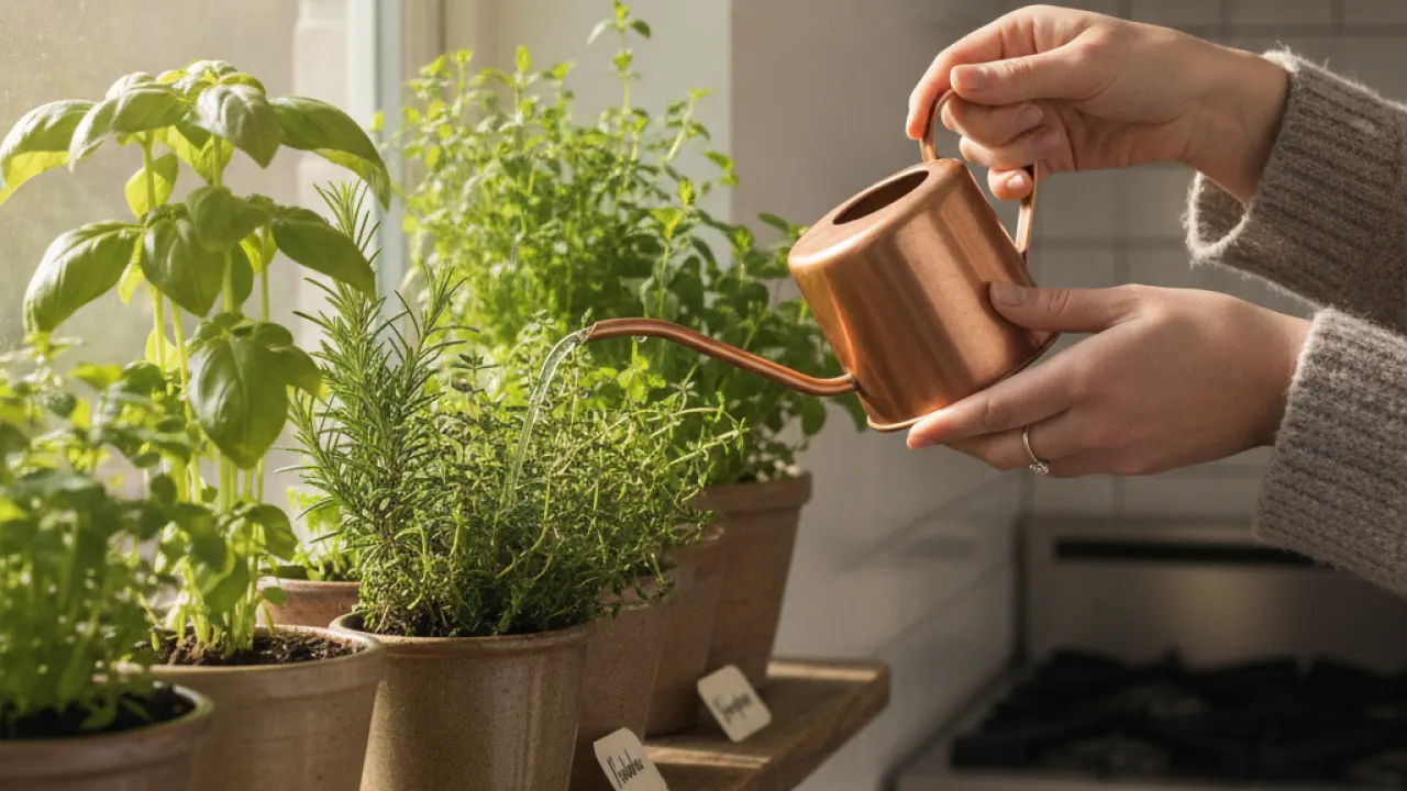 Watering indoor herb plants in kitchen garden