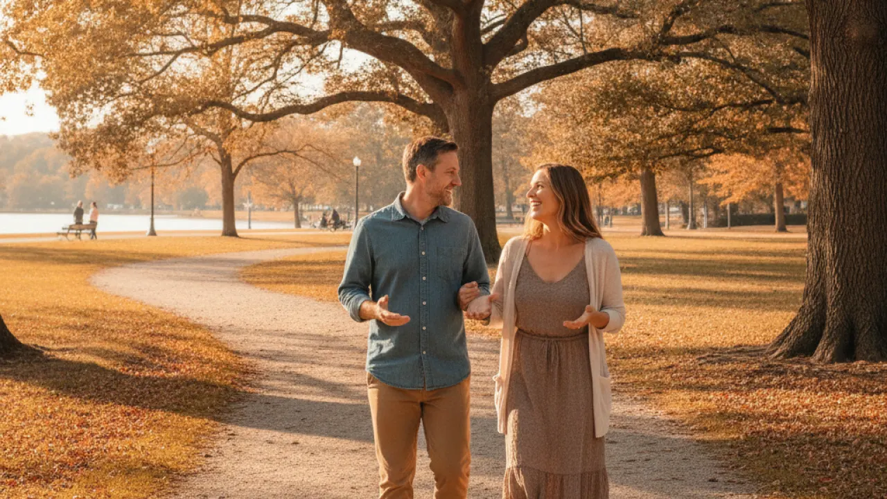 Two adult friends walking together and talking in a park