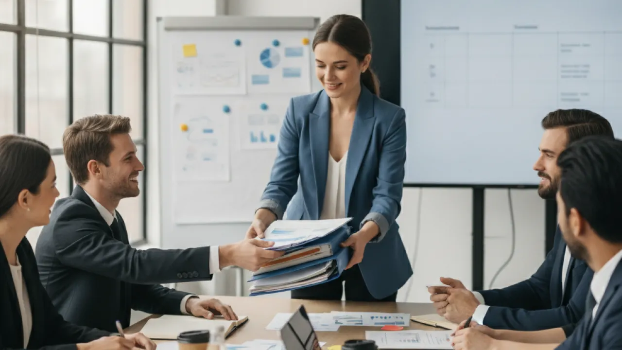 Person delegating tasks to a coworker in a productive team setting