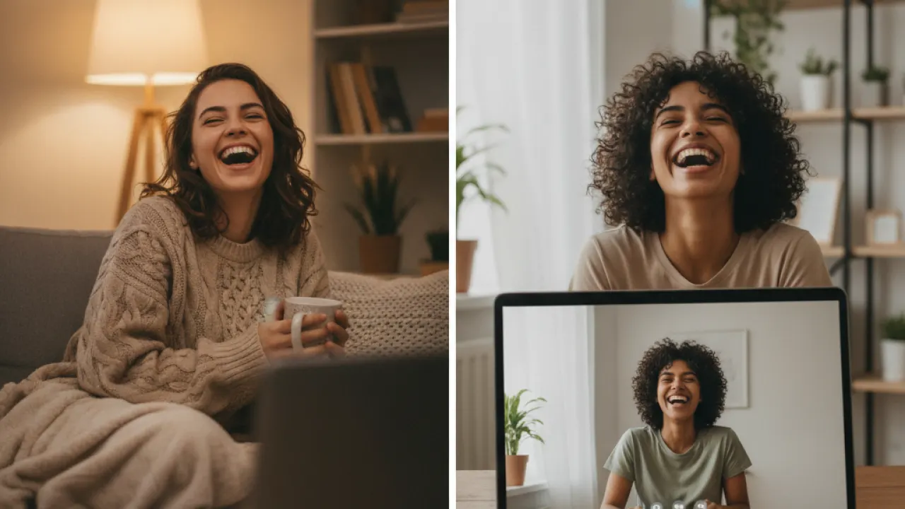 Two friends having a warm video call from home