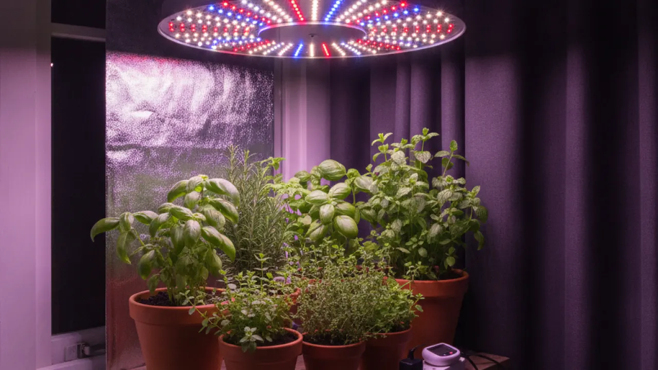 Grow light illuminating indoor herb plants