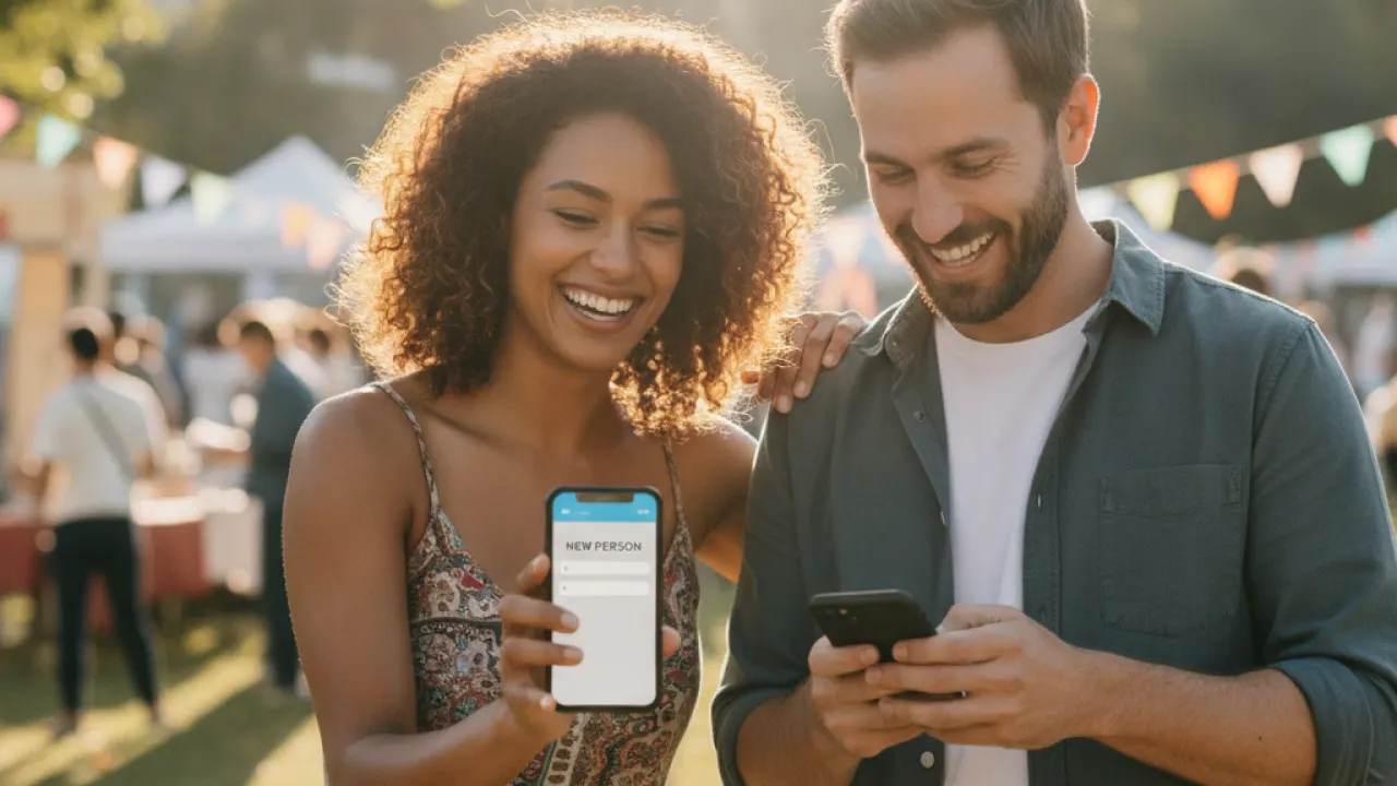 Two adults smiling while exchanging phone numbers at a community event