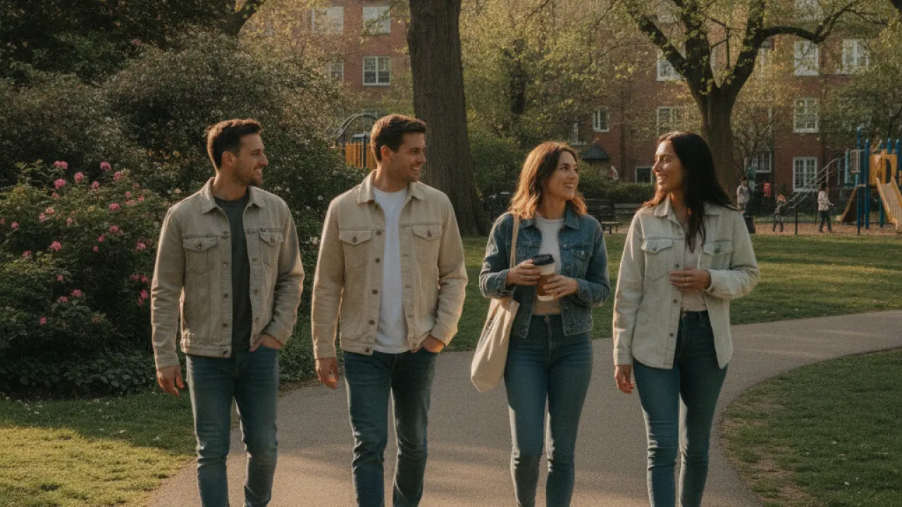 Friends walking together in a neighborhood park