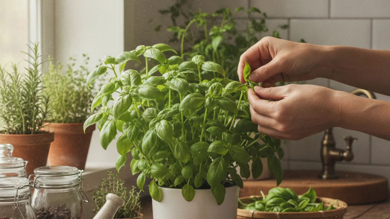 Person harvesting fresh basil from indoor herb plant