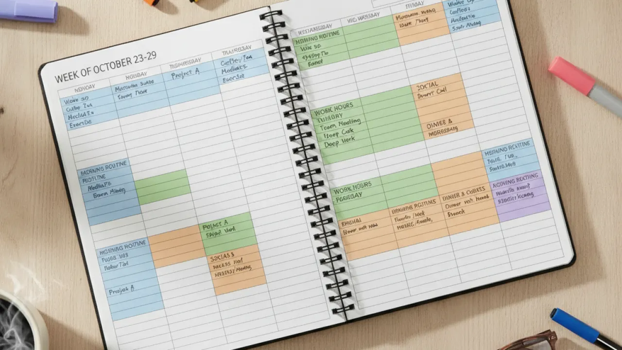 Weekly planner with color-coded time blocks scheduled