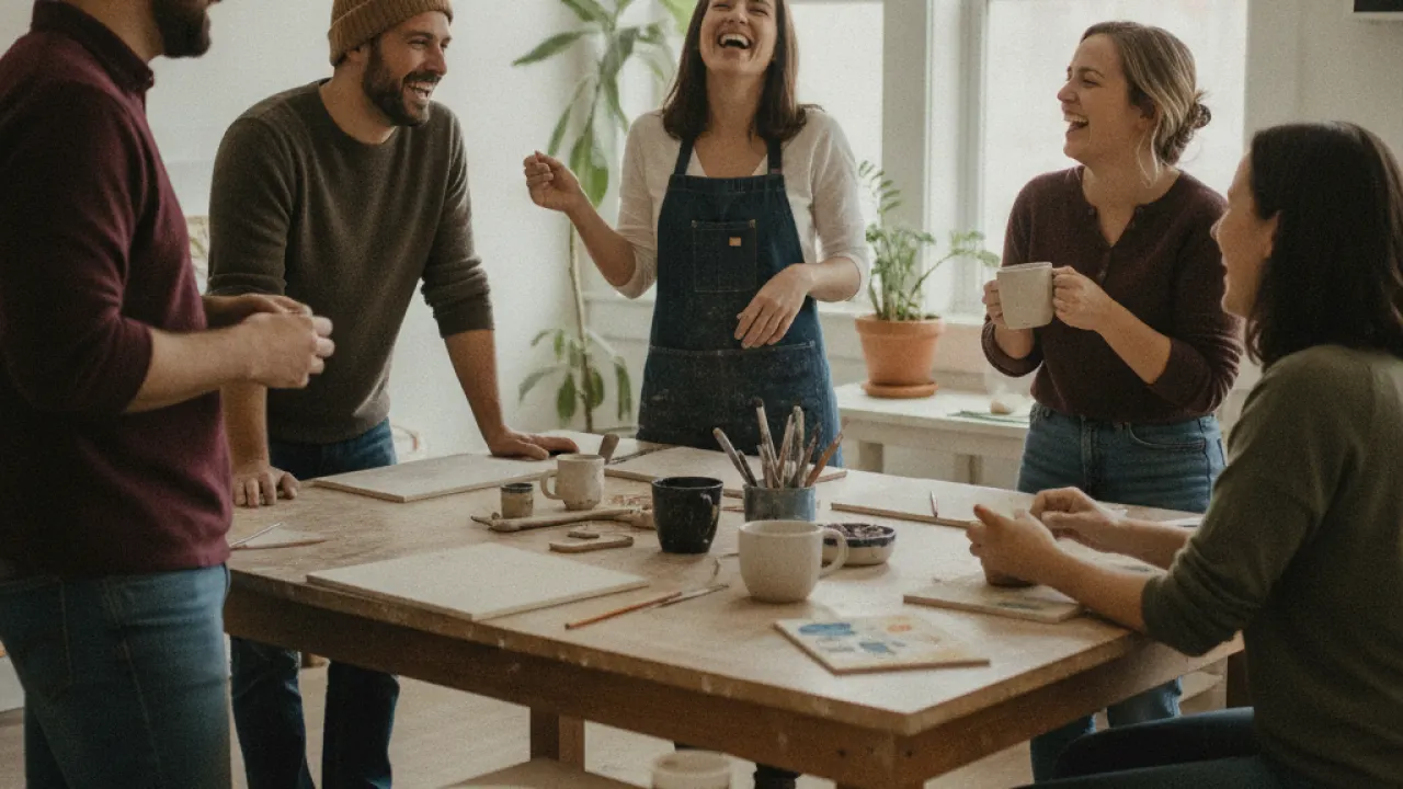Adults enjoying a relaxed community workshop and naturally connecting with each other