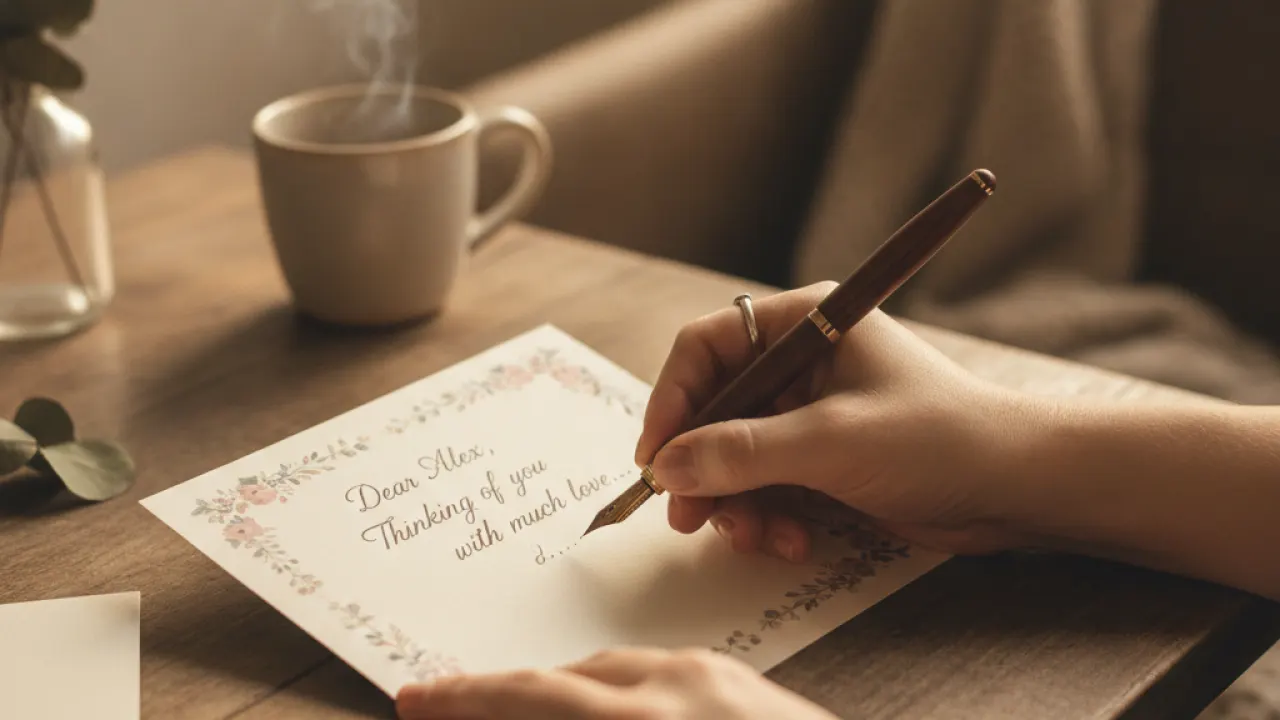 Person writing a handwritten note for a friend