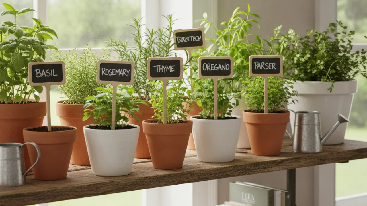 Well-organized indoor herb garden with labeled pots on kitchen shelf