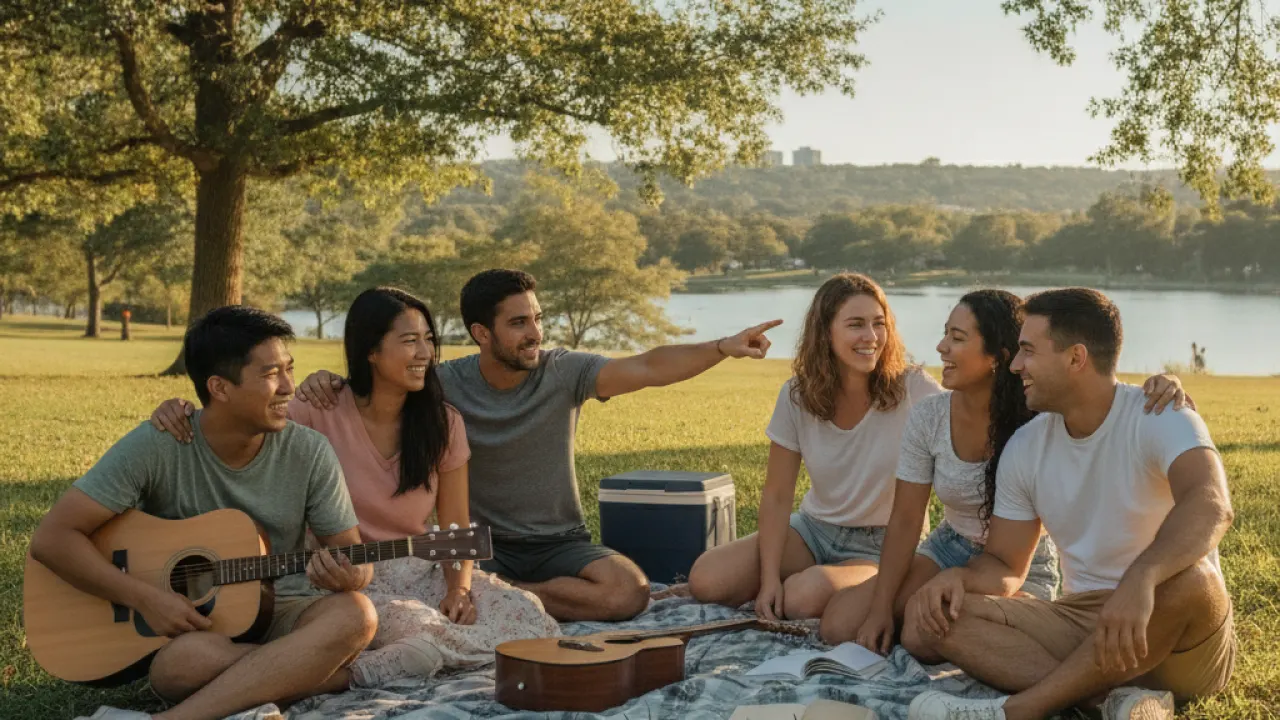 Group of diverse friends spending quality time together outdoors, relaxed and bonded