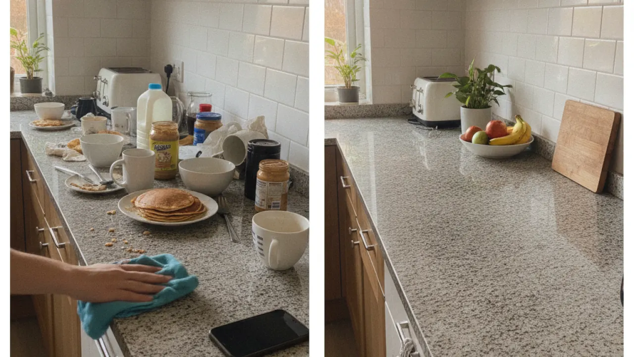 Cluttered kitchen counter being quickly wiped clean